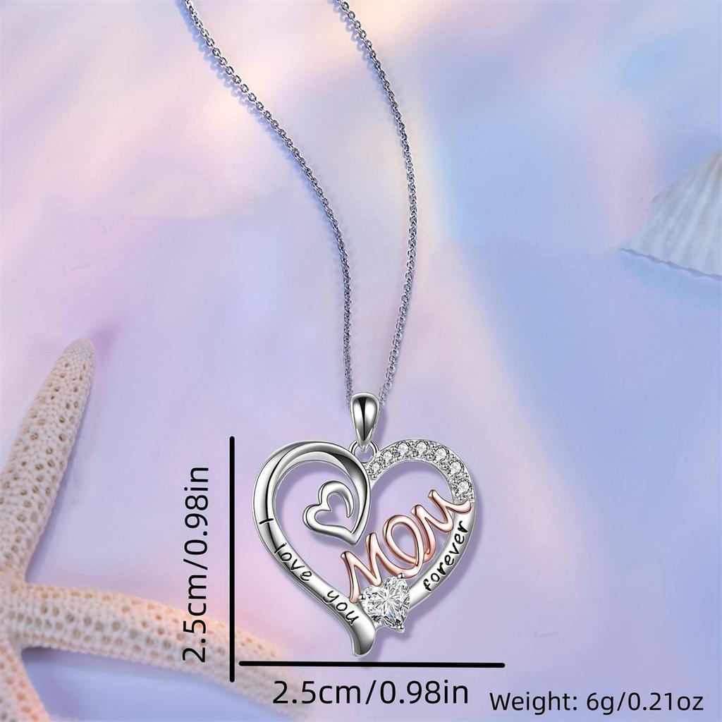 Elegant White K-Plated 'Love Heart' Mom Pendant Necklace Chic & Treasured Gift for Mother's Day