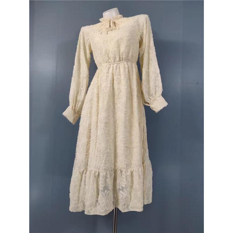 

Foreign Trade Order Wooden Ear Lace-up Lantern Long sleeve Spring New Furry Waist Hugging Slimming Lady Casual Dress Light yellow L