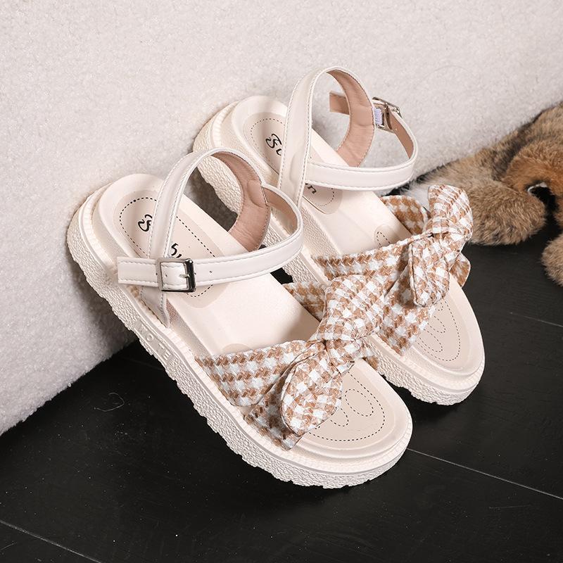 Sandals Women's 2025 Summer New Korean Version of Platform Plaid Bow Casual Versatile Comfortable Simple Beach Sandals