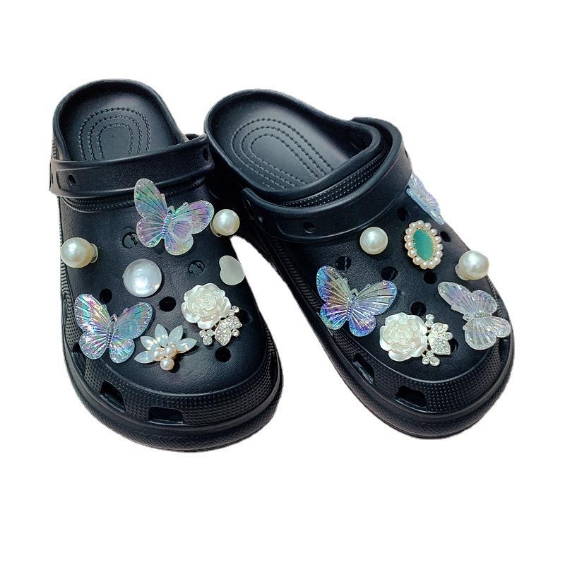 New hole shoes shoe flower fashion rhinestone pearl white blue butterfly set DIY accessories shoe buckle
