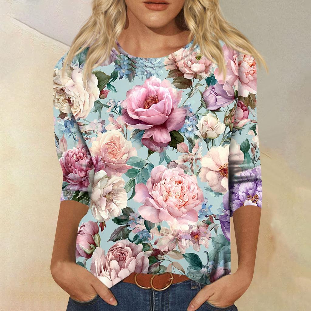 Women Casual Crew Neck Three Quarter Sleeve Floral Print T Shirt Top Relaxed Fit Lightweight Pullover Blouse for Daily Wear