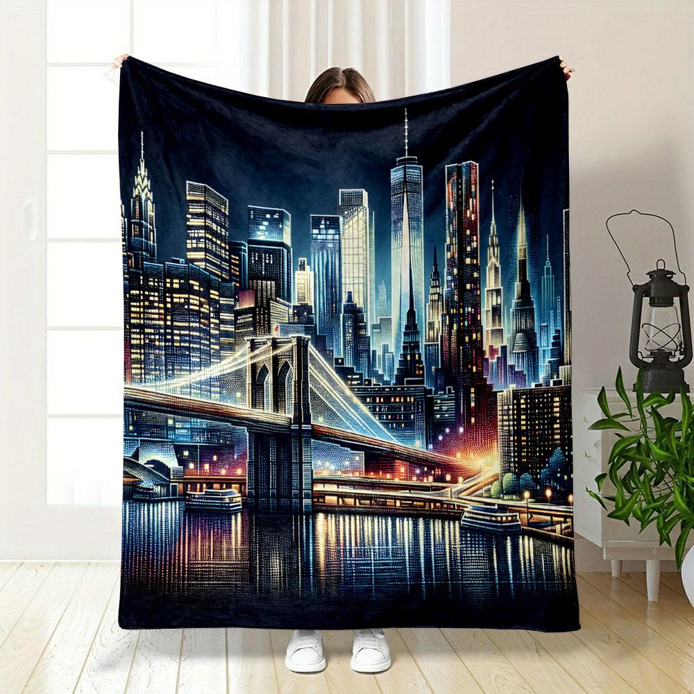 "Vibrant Night Cityscape with Bridge" Print Blanket Soft and Cozy Perfect for the Living Room Bed Sofa or a Nap,gift