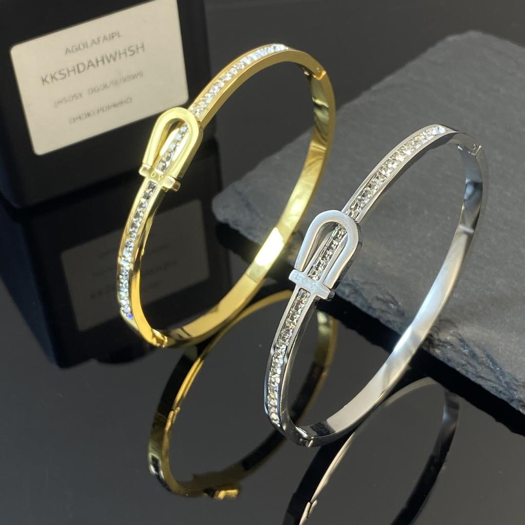 ZAKOL Classic Stainless Steel Open Bracelet for Women Men Horseshoe Buckle U-shaped Inlay Zircon Waterproof Zircon Gift