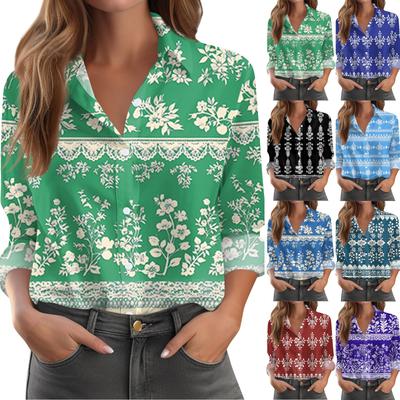 Women's Shirt With Floral Print Buttons, Long Sleeved Casual Regular Shirt Collar Top