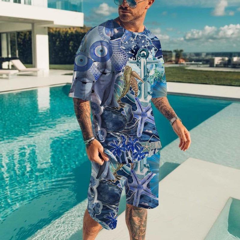Men's Hawaiian Full Print Suit Casual T-shirt Beach Pants Suit