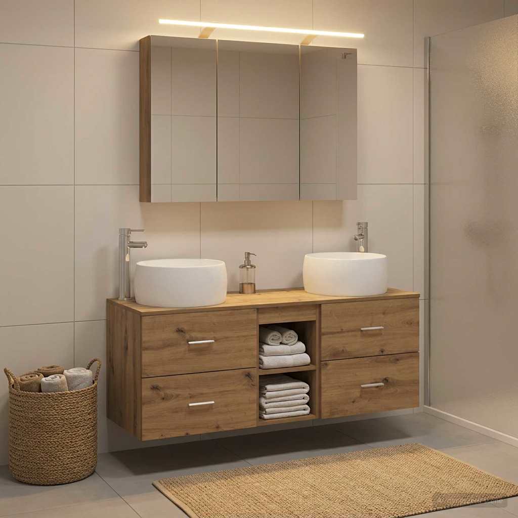 Bathroom Furniture Set 4 Pcs Artisan Oak Engineered Wood and Glass