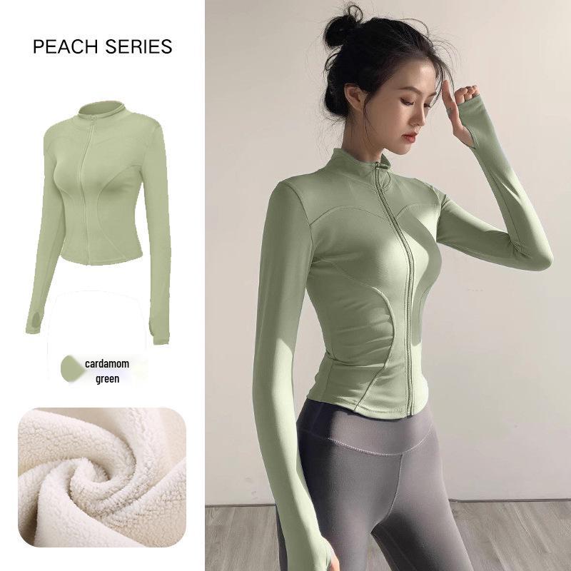 Women's Plush Slim Fit Zipper Yoga Jacket - Thickened, Elastic Long Sleeve, Stand Collar, Warm Autumn & Winter Top