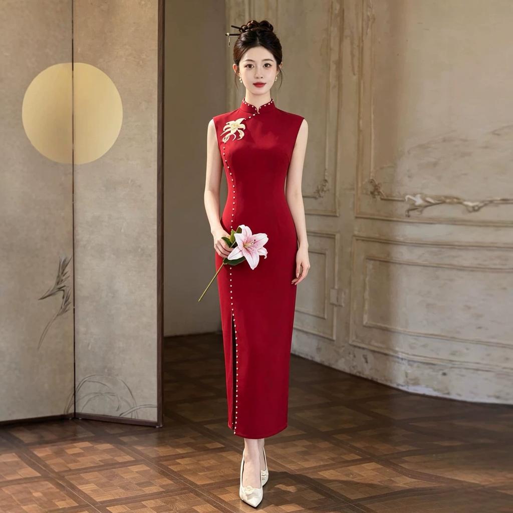 High-end red embroidered cheongsam 1011 new women's autumn sleeveless toast dress bridal high-end engagement dress dress