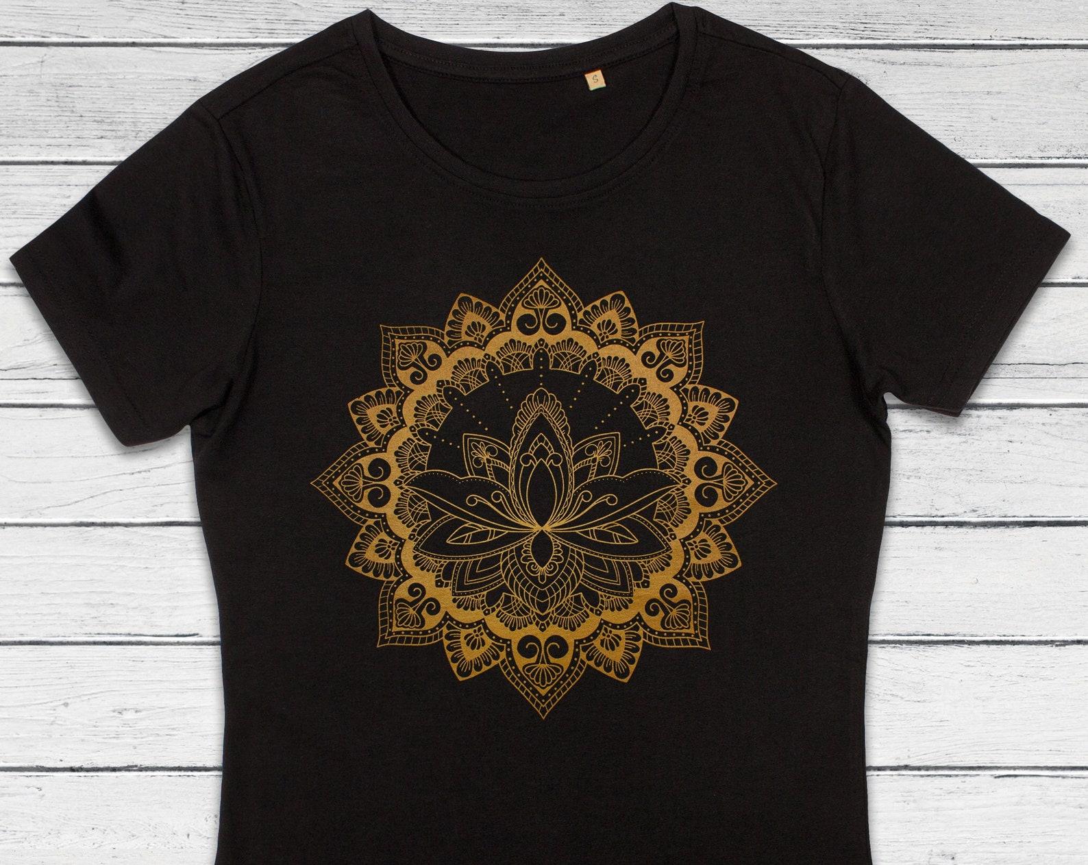 Lotus Mandala T-Shirt: Gold Henna Print, Organic Cotton Tee S