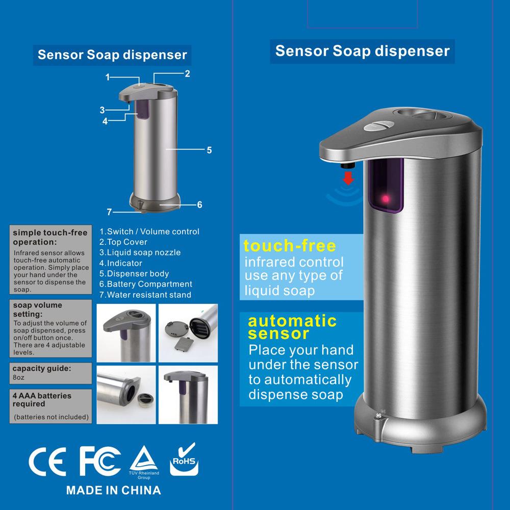 Automatic Soap Dispenser Touchless Soap Dispenser 250ml Battery Powered Electric Adjustable Stainless Steel Dispenser