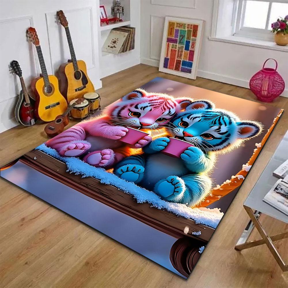 Colorful Tiger Cubs Sipping Tea Patterned carpet, suitable as a non slip play mat for the living room and bedroom sofa