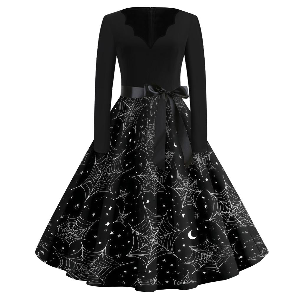 Women's Casual Vintage V Neck Dress Long Sleeve Halloween Print Swing Dress with Waist Tie Retro Style Midi Dress
