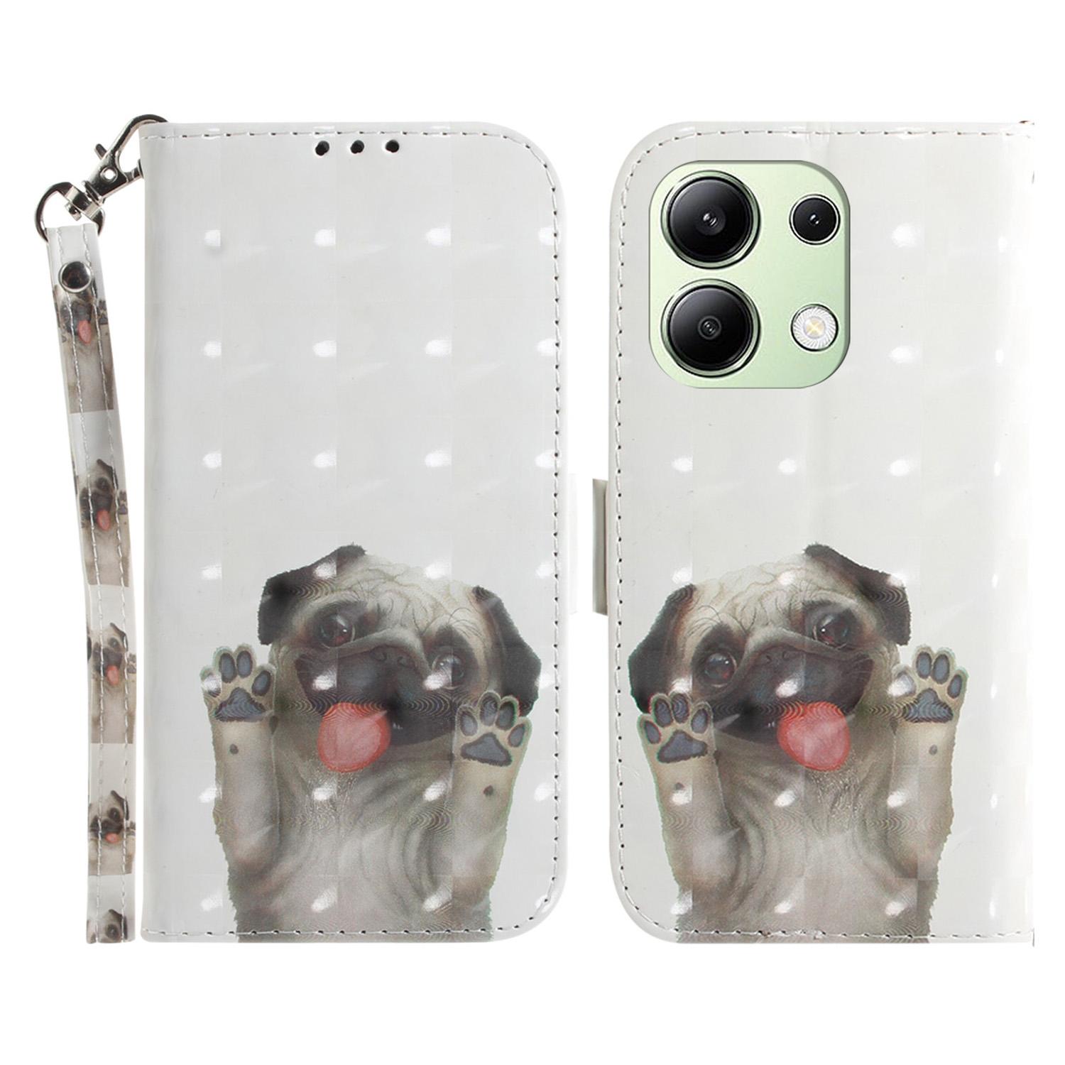 

For Xiaomi Redmi Note 13 4G Case with Hand Strap Pattern Printing Leather Phone Cover Pug