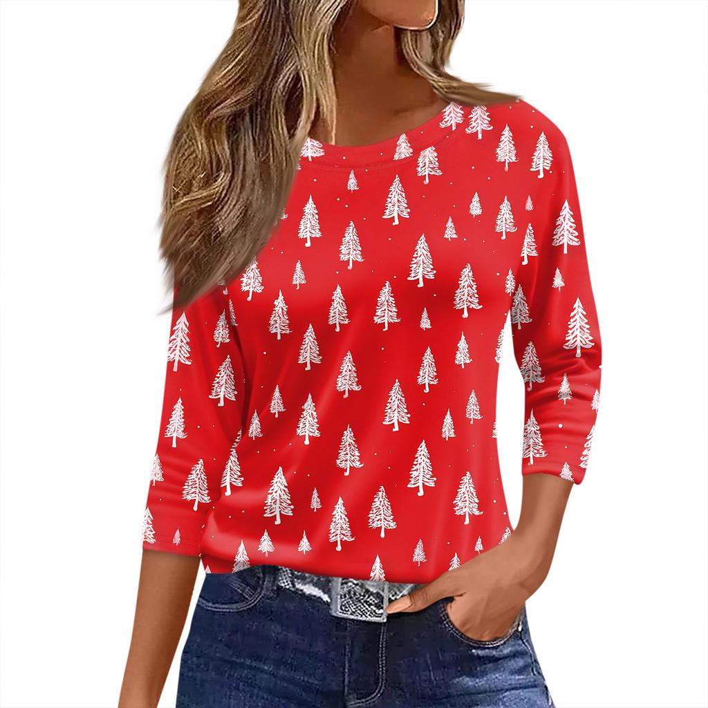 Women's T Shirt Christmas Print 3/4 Sleeve Daily Weekend Fashion Basic Round Neck Regular Top