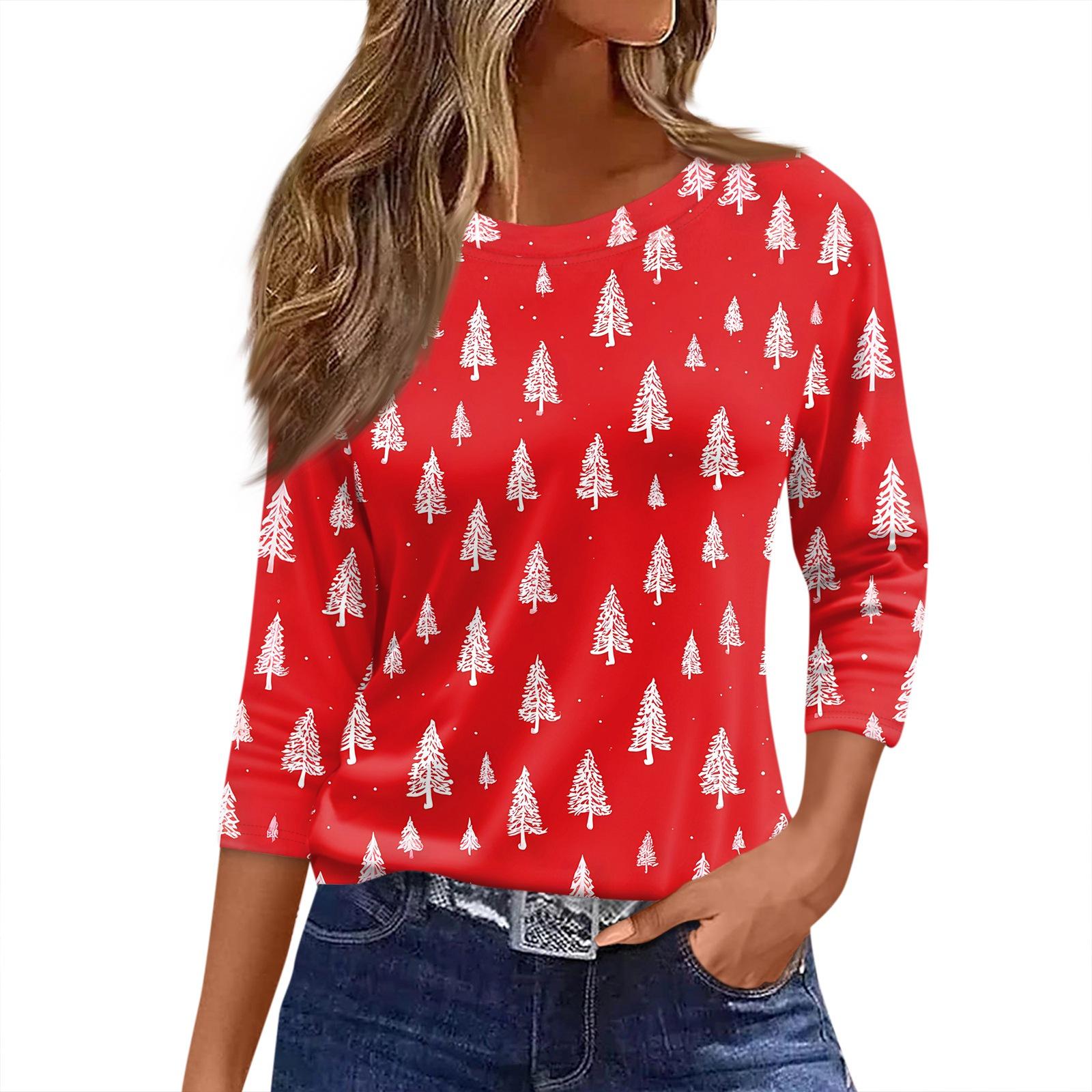 

Женская футболка с рождественским принтом, рукав 3/4, повседневная, модная, на выходные, базовая, с круглым вырезом, стандартный топ XXXL киноварь