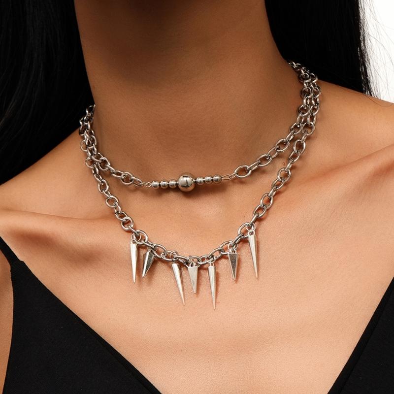 2Pcs Gothic Rivet Necklaces Set for Women and Men Silver Color Punk Clavicle Heavy Chain Design Hip Hop Jewelry