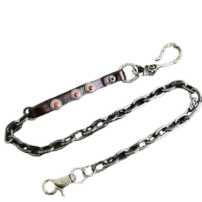 Retro Punk Cowhide Wallet Chain with Ghost Head Buckle - Men's Anti-theft Hip Hop Style