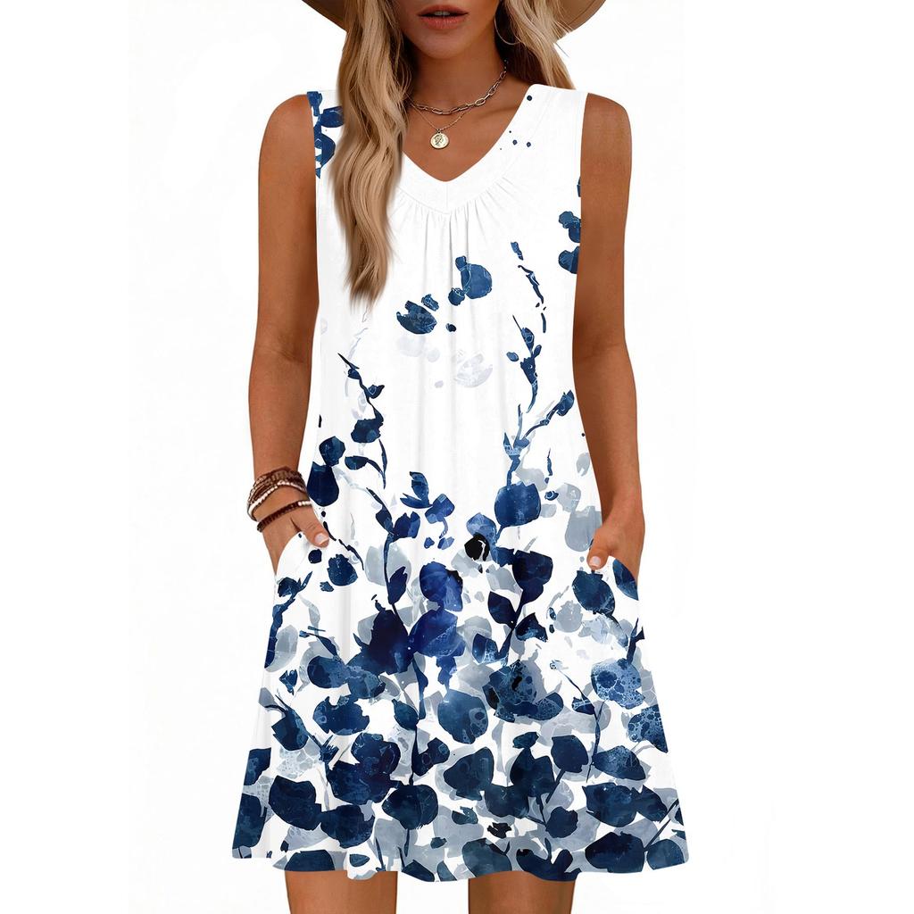 Women's Fashion Printed Summer Sleeveless V-neck Tank Top Pocket Casual Loose Dress