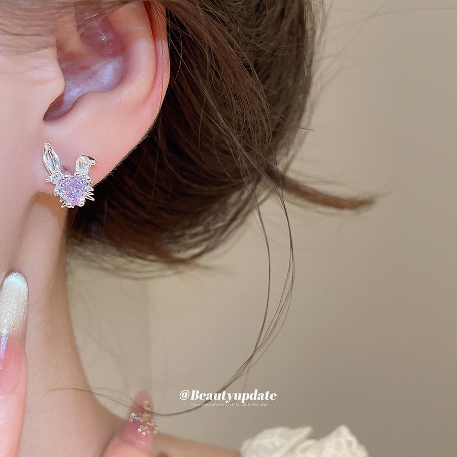 Custom Zircon Heart Rabbit Stud Earrings - Unique Geometric Jewelry for Women