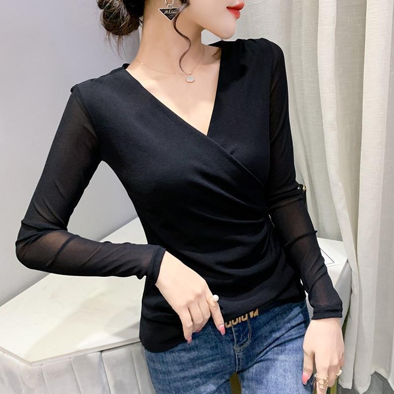 Women's New Fashion V-Neck Cross T-shirt Solid Color Long Sleeves Top Spring Autumn Mesh Bottoming Shirt S-4XL