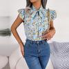 Damen Sommer Chiffon Bluse Floral Schnürung Schleife Holzohr Hemd
