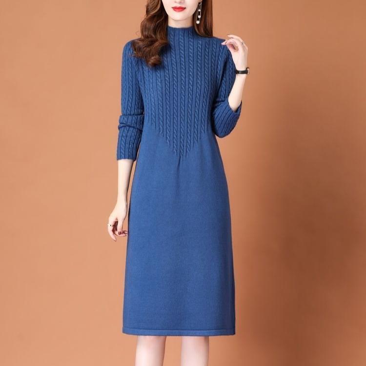Strikket kjole med halv høy hals for kvinners høst- og vinterdekorasjon Ensfarvet genser-kjole Langermet hverdagskjole