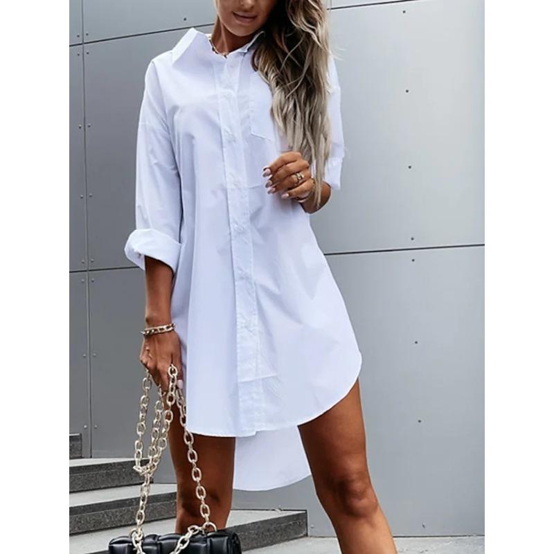 

Women s Solid Color Short-sleeved Lapel Cotton and Linen Mid-length Loose Shirt S белый