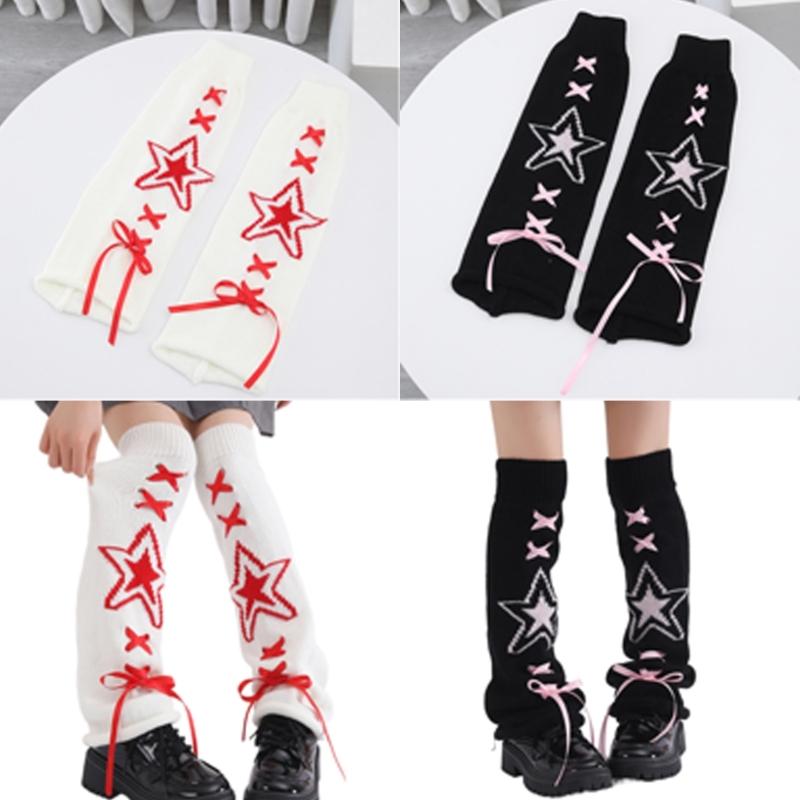 Women's Punk Star Pattern Knitted Leg Warmers with Ribbon Bows Flared Boot Covers Knee Length Socks Japanese Streetwear