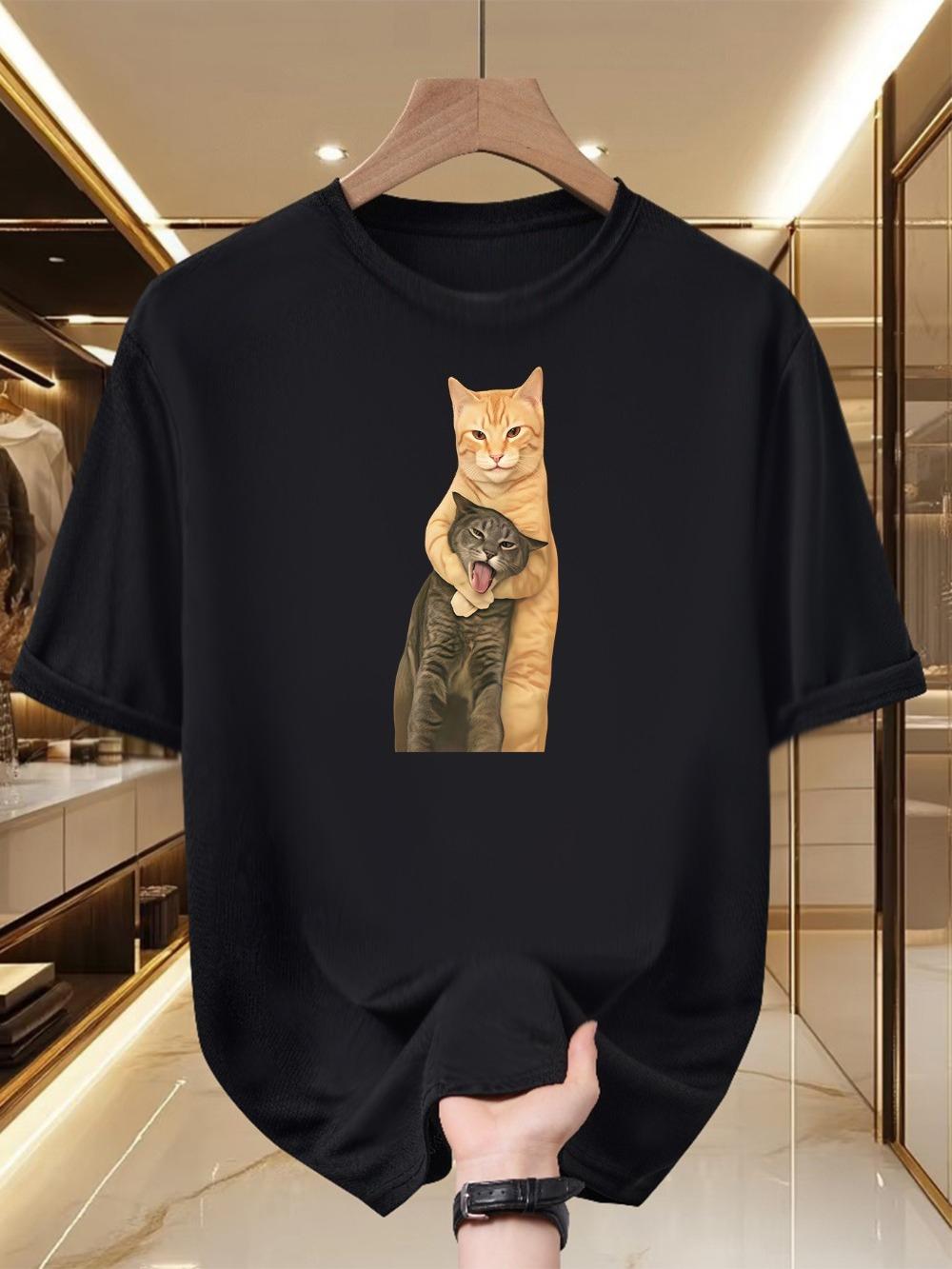 

Men S Graphic T-Shirt Playful Cat Duo Design Soft and Breathable 100% Cotton Fiber Unique Print Men s T-shirts for Summer S разноцветный