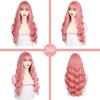 LISI HAIR 24“Long Sakura Pink Wig With Bangs Water Wavy Wig Synthetic Fiber Wig Women's Long Wig Natural Wigs Cosplay/Daily/Party Wig