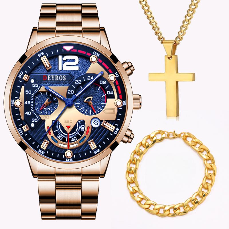 3 stk/sett, 1 stk Herre Quartz Armbåndsur & 1 stk Armbånd & 1 stk Halskjede Sett, Ideelt Valg for Gaver Til Menn