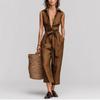 Spring Vintage Neutral Style Sleeveless Lapel Lace-Up Jumpsuit, Women's Clothing