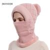 Hat and Scarf Integrated Women's Autumn and Winter Warm Knitted Hat Cycling Fleece Pullover Hat Windproof Ear Protection Wool Hat