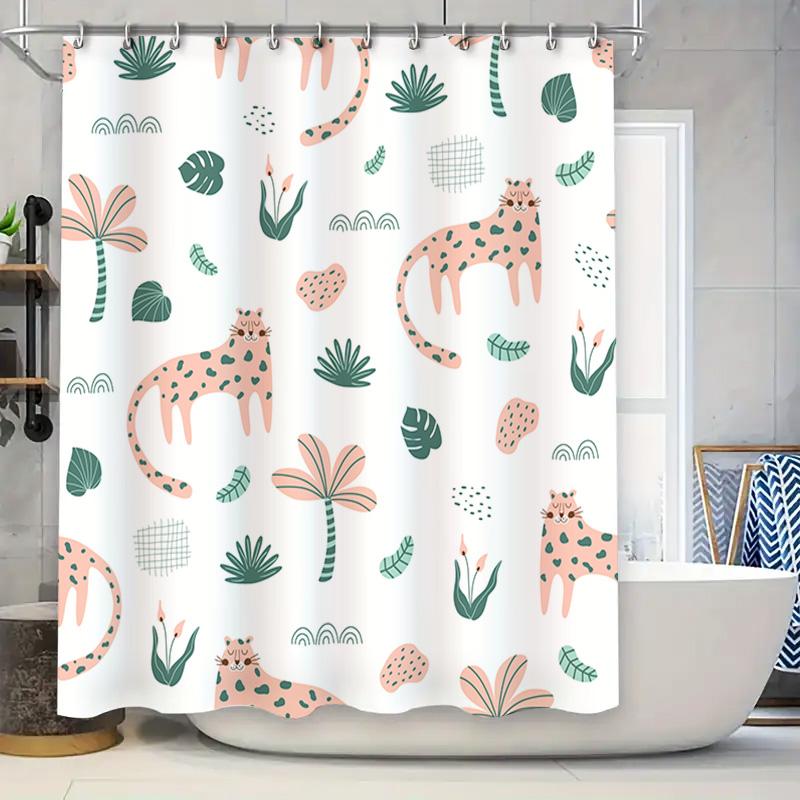 

Animal Print Shower Curtain Cute Cat Pattern Decorative Waterproof Fabric Bath Mat Pink Green Leaves Home Bathroom Accessories S W60H190(CM)-1 Pcs