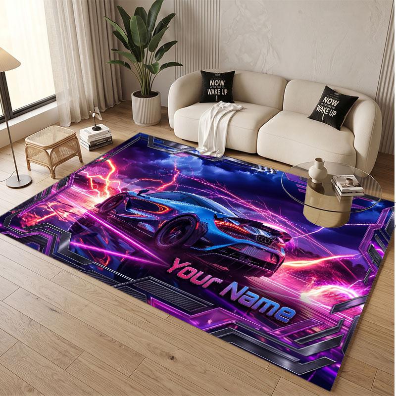 Auto-Rennsport-Thema Weicher Kristall-Samt Teppich Benutzerdefinierter Name & Text Druck Rutschfester Boden Teppich für Schlafzimmer Wohnzimmer