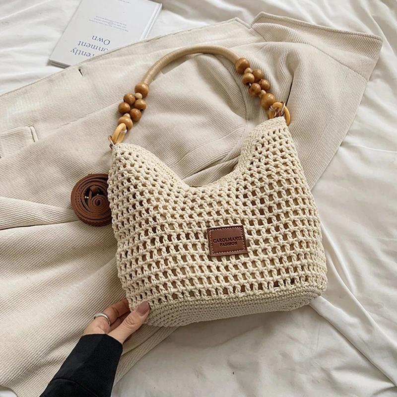 

Seaside Vacation Beach Weaving Bag Women New Hollow Knitted Handbag Large Capacity Single Shoulder Underarm Bag Adjustable Strap