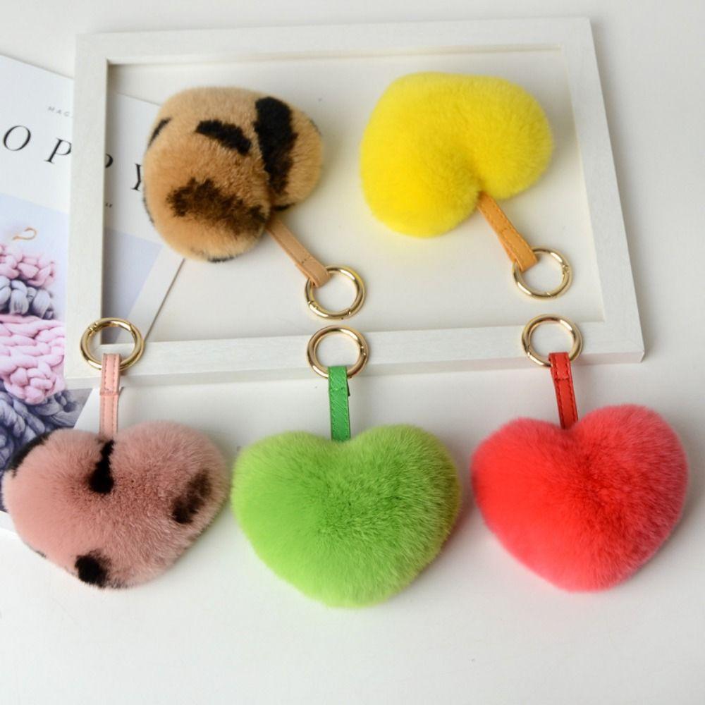 Rex Rabbit Fur Heart Fluffy Fur Keychain Cartoon Design Heart Plush Pendant  Bag Decoration
