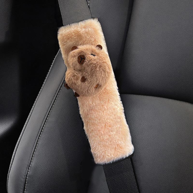 New Cute Cartoon Capybara Universal Car Seat Belt Cover Imitation Rabbit Fur Long Plush Auto Safety Shoulder Pad For Kids Ladys