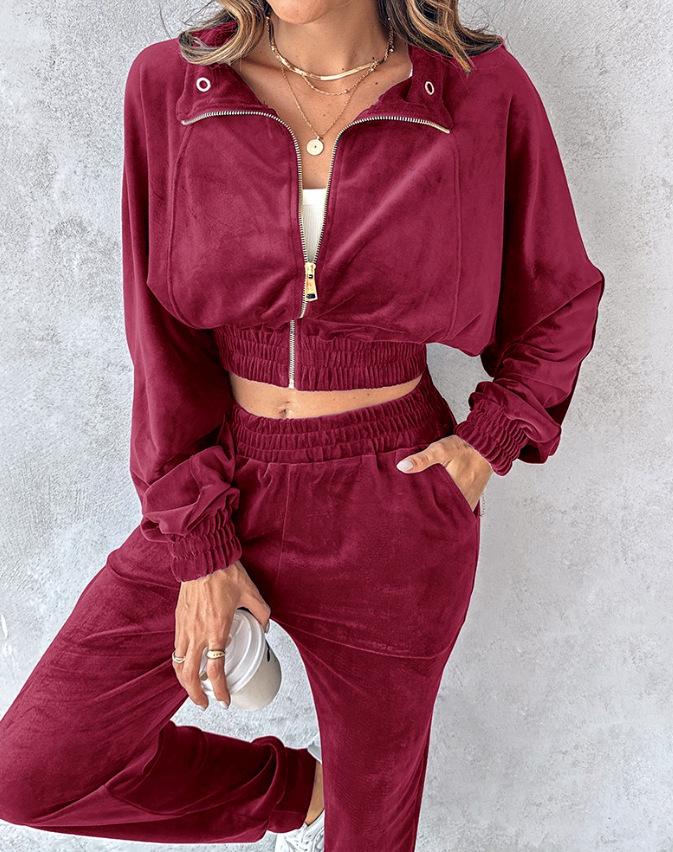 Women's Autumn 2024 Gold Velvet Cropped Top & Long Sleeve Pants Casual Set