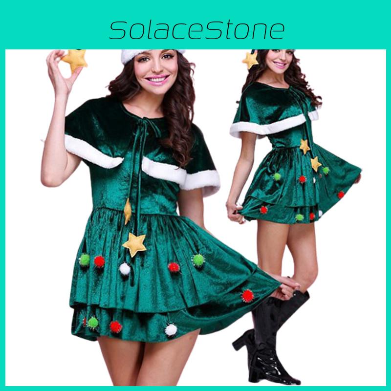 Gorgeous Women Christmas Tree Cosplay Costume Plus Size Xmas Dress Cloak Hat Party