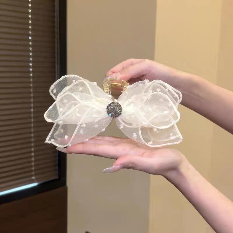 

Высококлассное женское украшение для головы с бантом в горошек на зажиме сзади на голове, зажимом-акулой и полузаколкой для волос бежевый