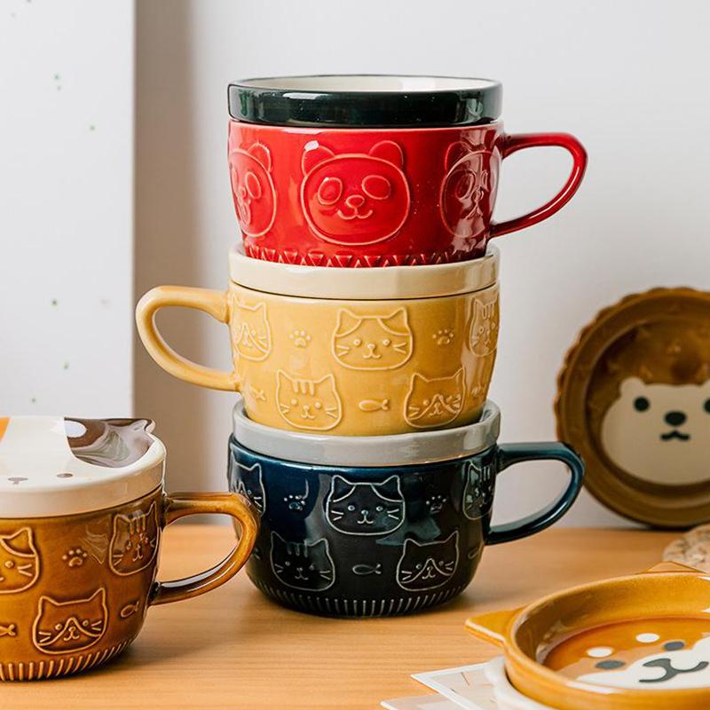 Kaffeetasse mit japanischem Cartoon-Katzenmotiv und Deckel mit Katzenmuster, kleine Schale, süße Frühstückstasse, kreative Kaffeetasse, Milchtasse, Geschenk für Mädchen