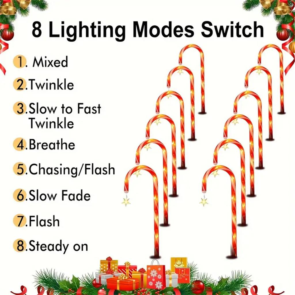5/8PC Solar LED Candy Cane Light 8 Function Waterproof Suitable For Courtyard And Outdoor Party Christmas Decoration