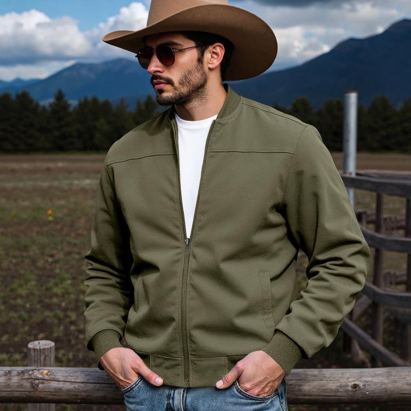 Men Stand Rib Collar Zip Up Suede Bomber Jacket Casual Outerwear Coat