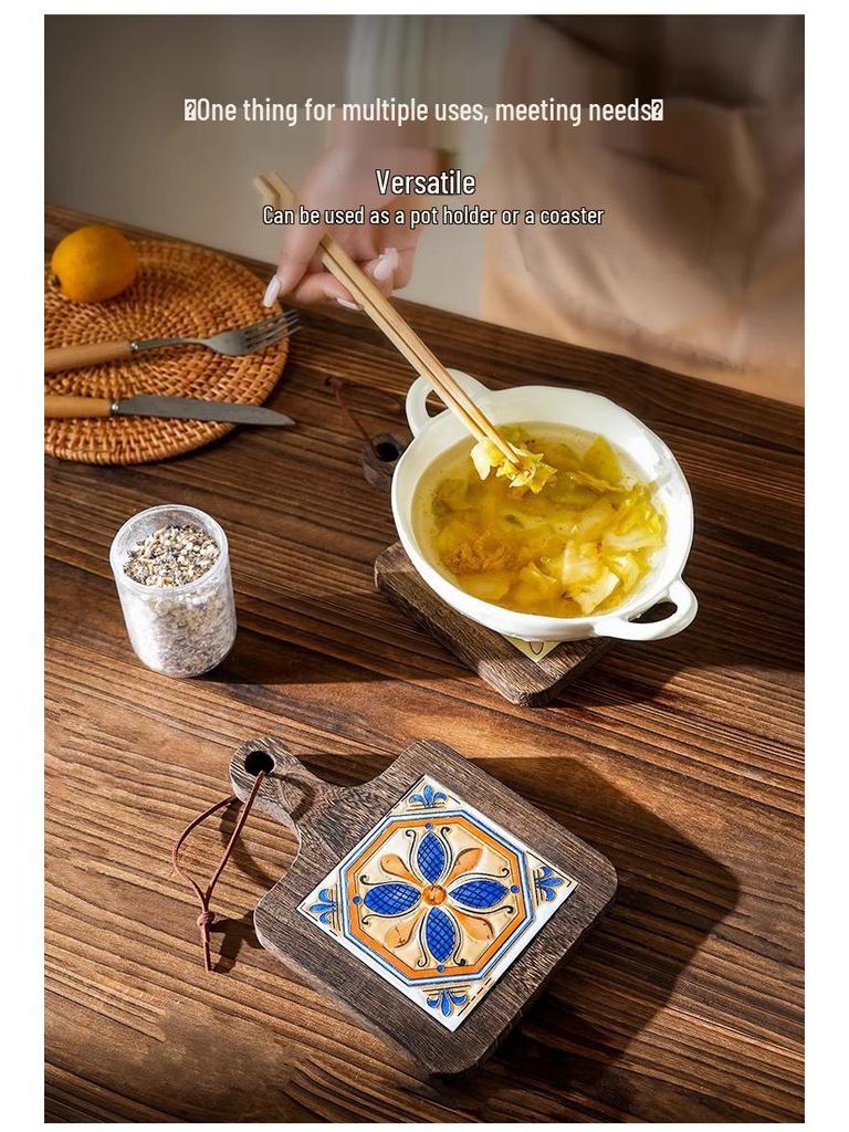 High-Temperature Resistant Ceramic Insulation Pad with Retro Wood Tile Design for Dining Table Casserole Protection