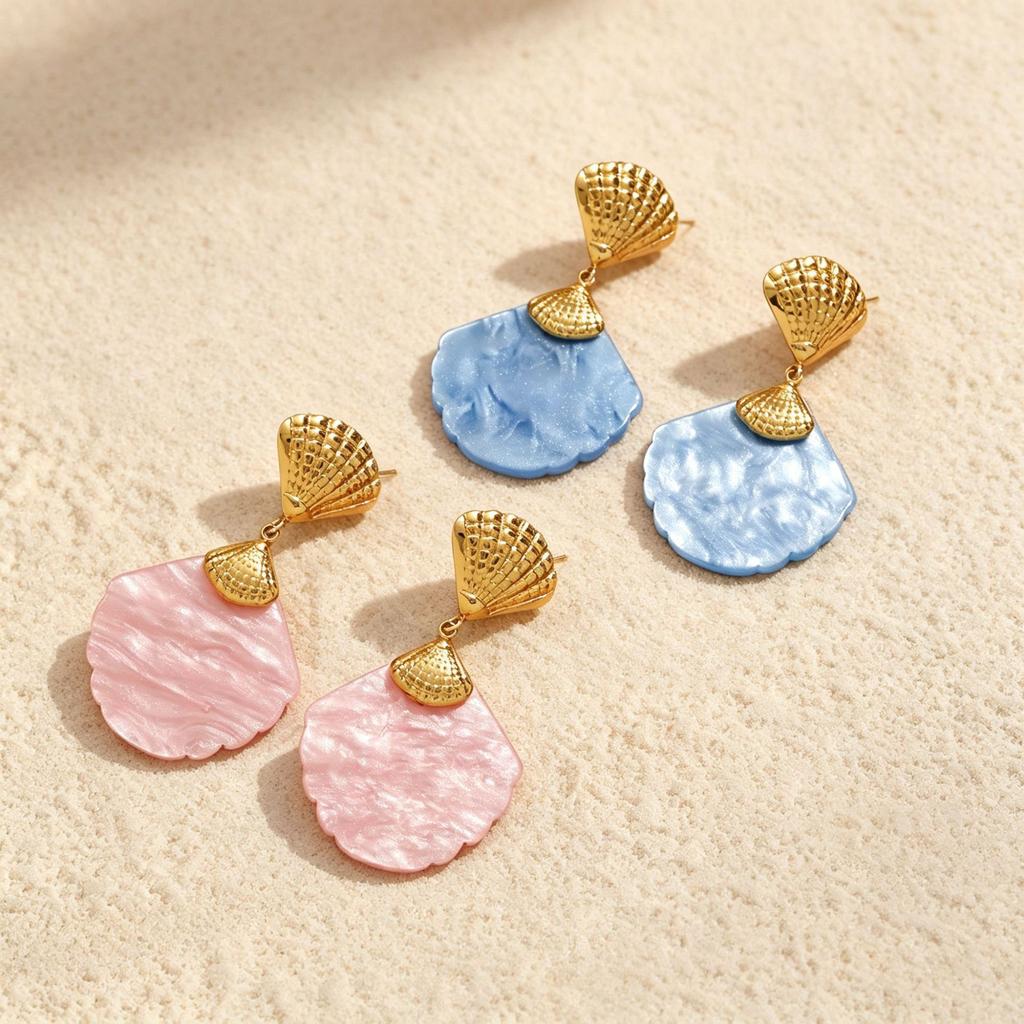 European and American Colorful Shell Earrings Fashion Exaggerated Personality Resin Stud Earrings Temperament Celebrity Style Retro Stainless Steel