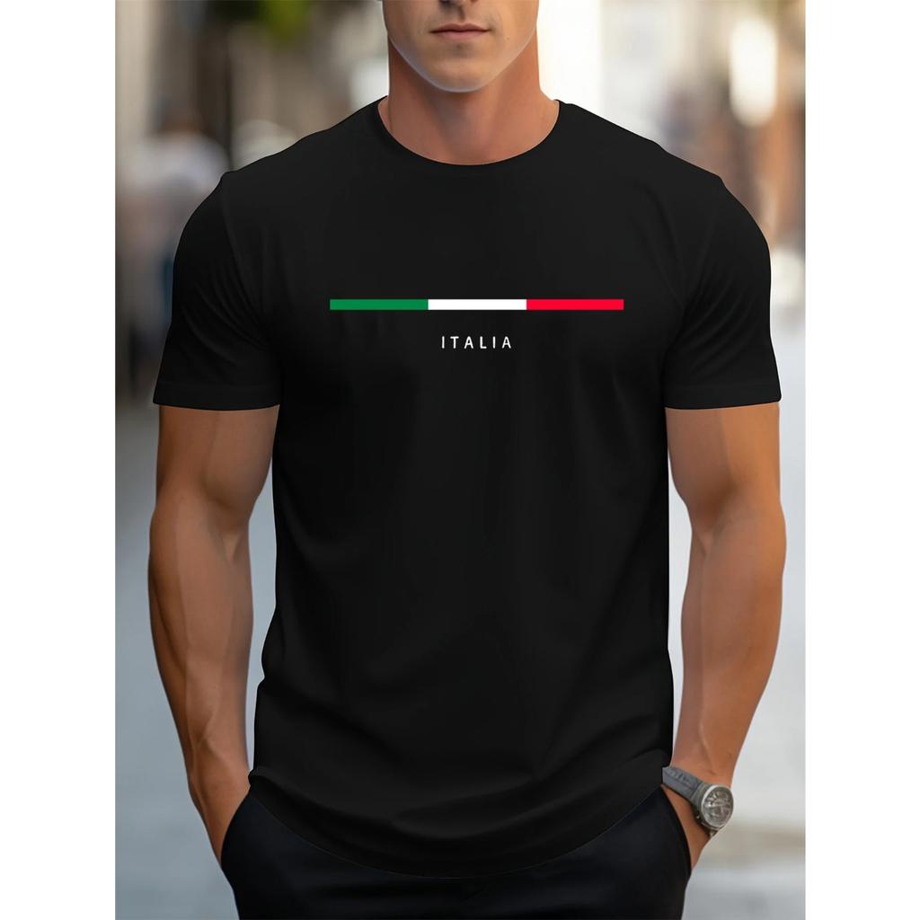 Summer Round Neck ITALIA Pattern Printed Top Fashionable Casual Pure Cotton Short Sleeved Men's T-shirts