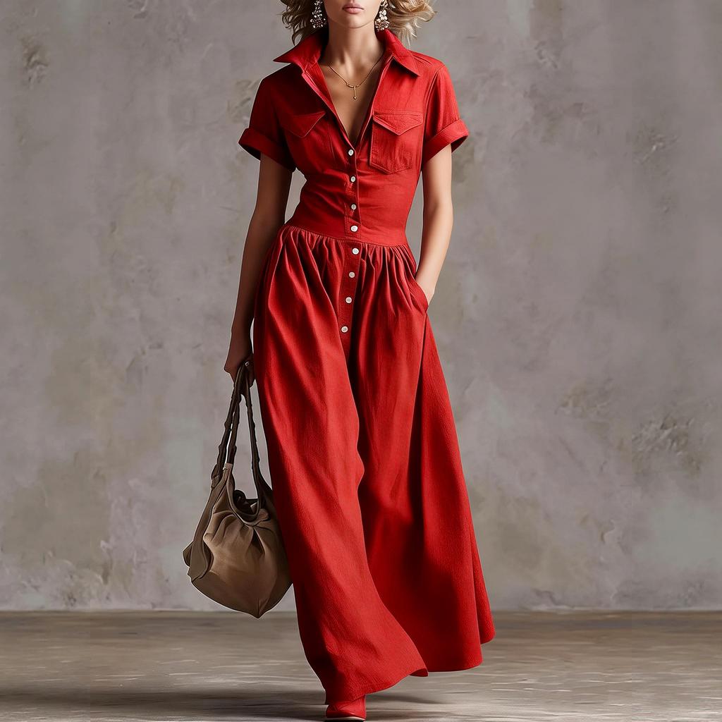 Vestido Largo Estilo Vintage para Mujer con Botones Delanteros, Manga Corta, Cuello, Casual, Maxi Vestido con Diseño Occidental y Detalle de Bolsillo