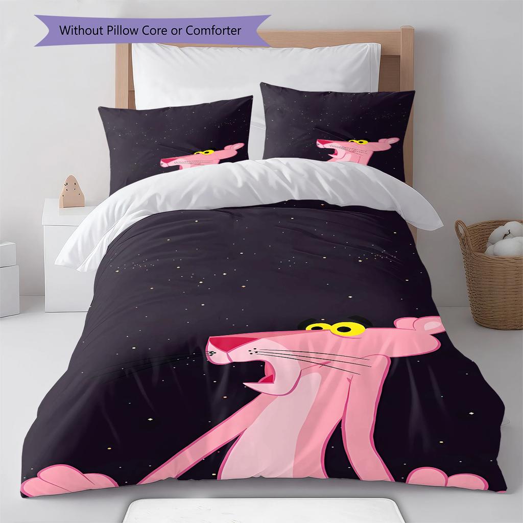 Juego de ropa de cama con estampado de la Pantera Rosa, funda nórdica y funda de almohada. Regalo ideal para el hogar o cumpleaños. (1 * funda nórdica + 2 * fundas de almohada, sin núcleo)