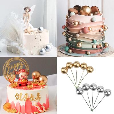 5pcs Gold  Ball Silver Ball Cake Topper Happy Birthday Party Cake Decorative Plug-in